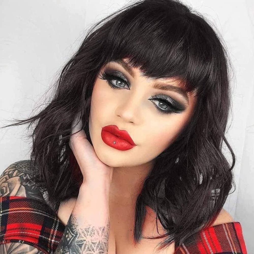Women 14 Inches Black Synthetic Short Wavy Wig with Bangs